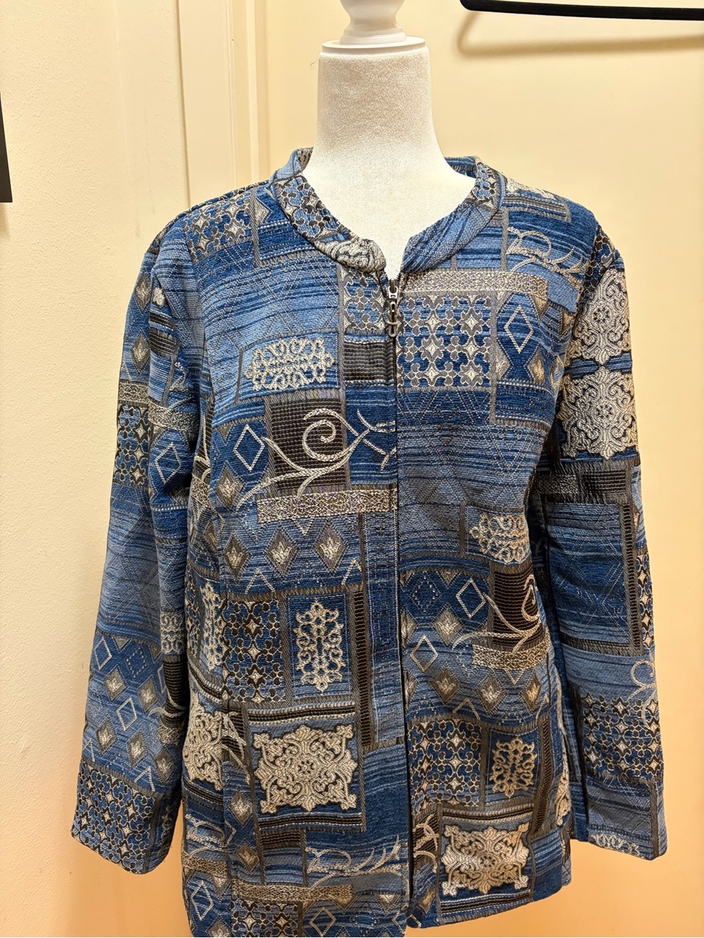 Blue & Gray Geometric Patchwork Zip-Up Blazer